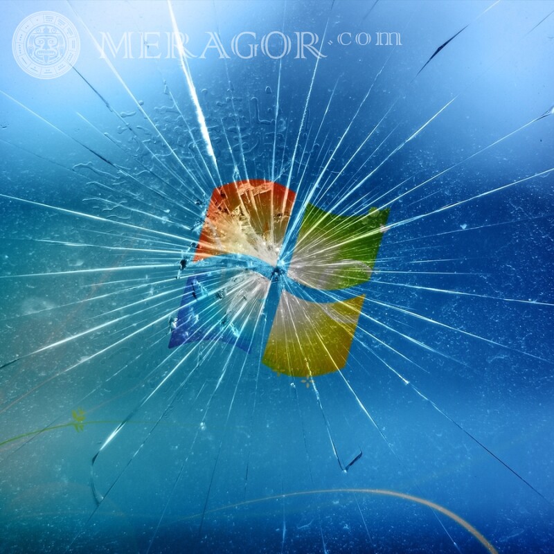 Logotipo do Windows atrás de um vidro quebrado no avatar Logos Técnica