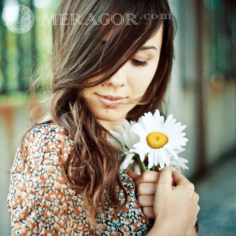 Girl with a flower, brunette for icon Girls Women Beauties