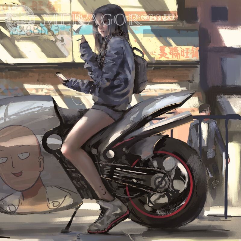 Арт с девочкой брюнеткой на мотоцикле Аниме, рисунок Азиаты Девочки