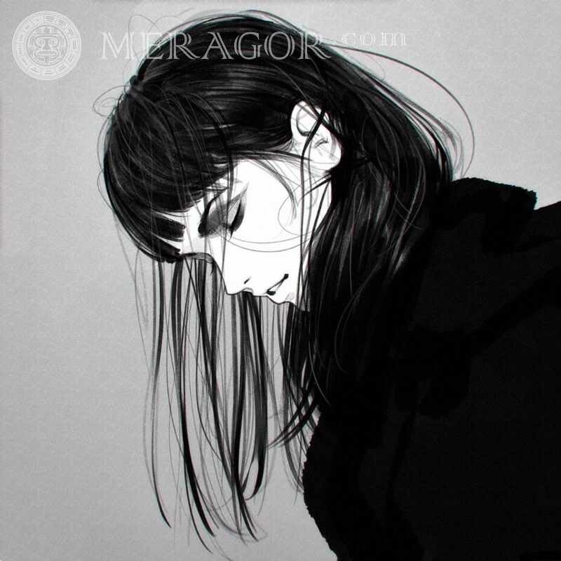 Dibujado a mano chica de portada en blanco y negro Anime, figura En negro