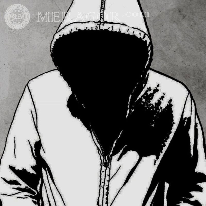 Dibujo en blanco y negro de un avatar sin rostro Anime, figura Sin rostro Con capucha
