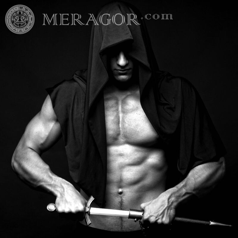 Black and white icon with weapons Without face Hooded With weapon