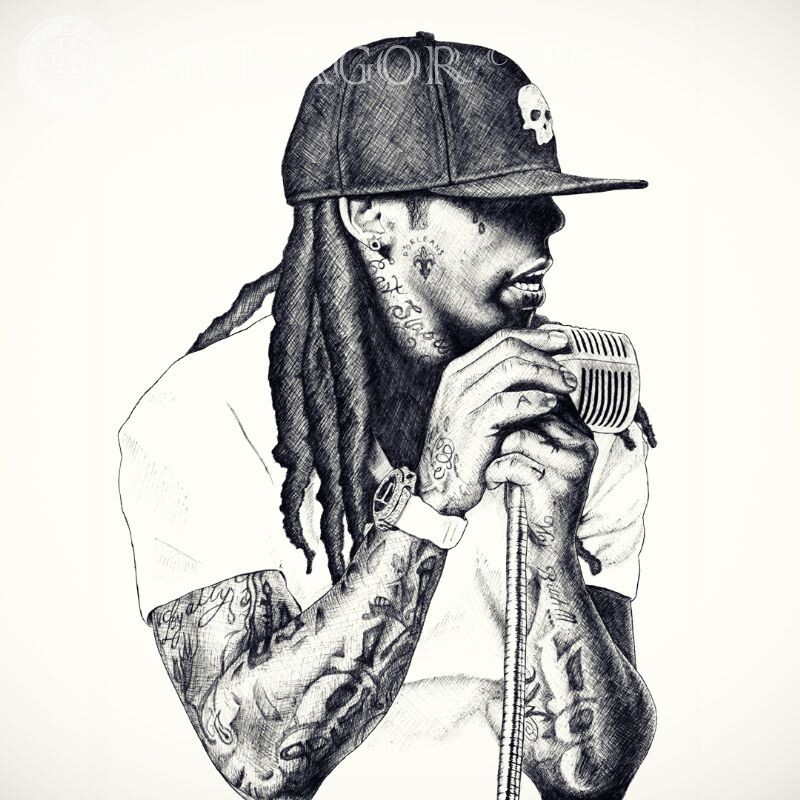 Dessin noir et blanc d'un rappeur sur un avatar Noirs Animé, dessin Au chapeau
