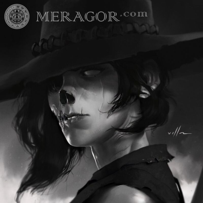 Skull for icon's face for a girl Black and white In a cap Scary Black and white
