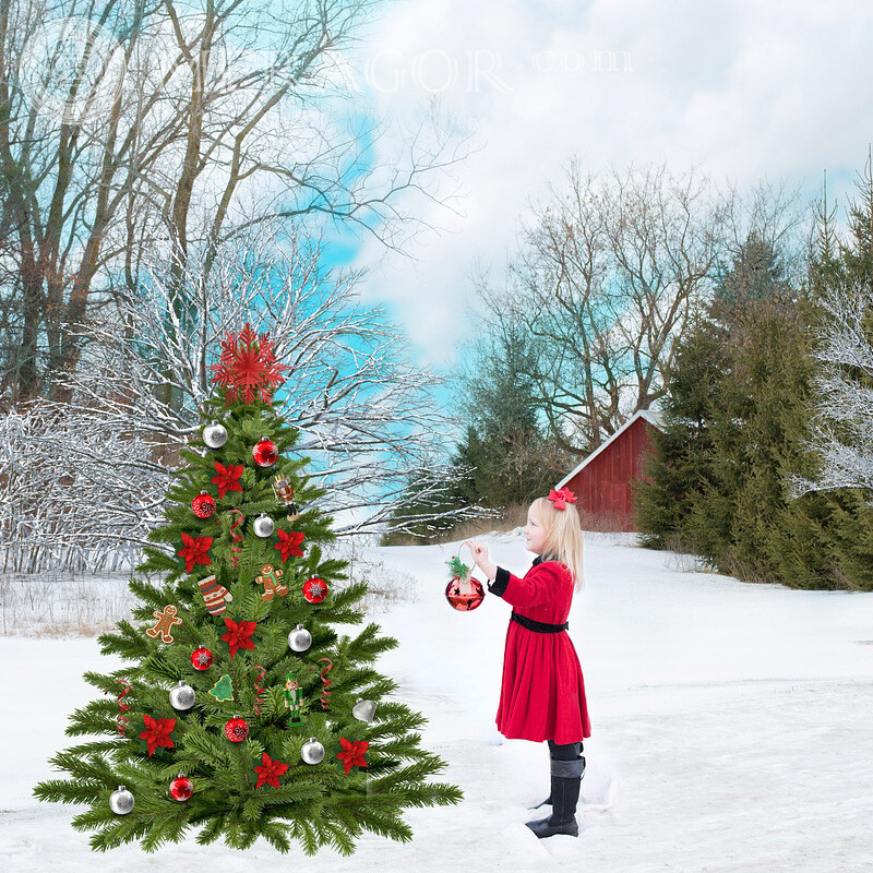 Weihnachtsavatare für Mädchen schmücken den Weihnachtsbaum Weihnachten Avatare Kindliche Maedchen