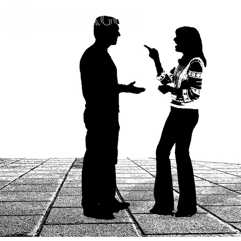 Gespräch einer Frau und eines Mannes über den Avatar Silhouette Mann mit Freundin Schwarz-weisse