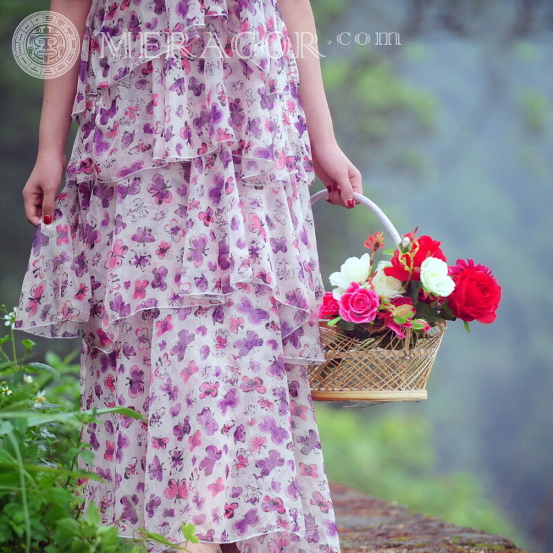 Chica con una canasta de flores en la foto de perfil Sin rostro En vestido Niñas adultas