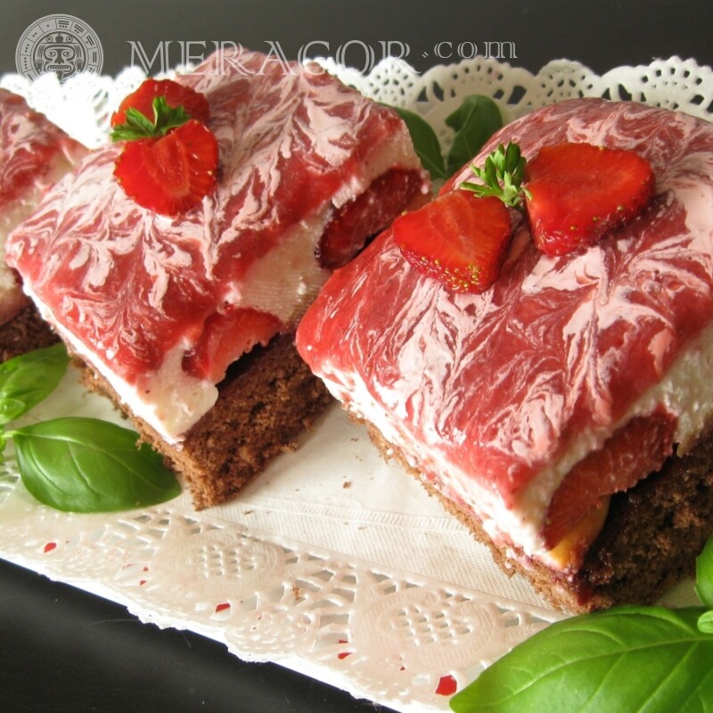Piece of cake with strawberries photo Food