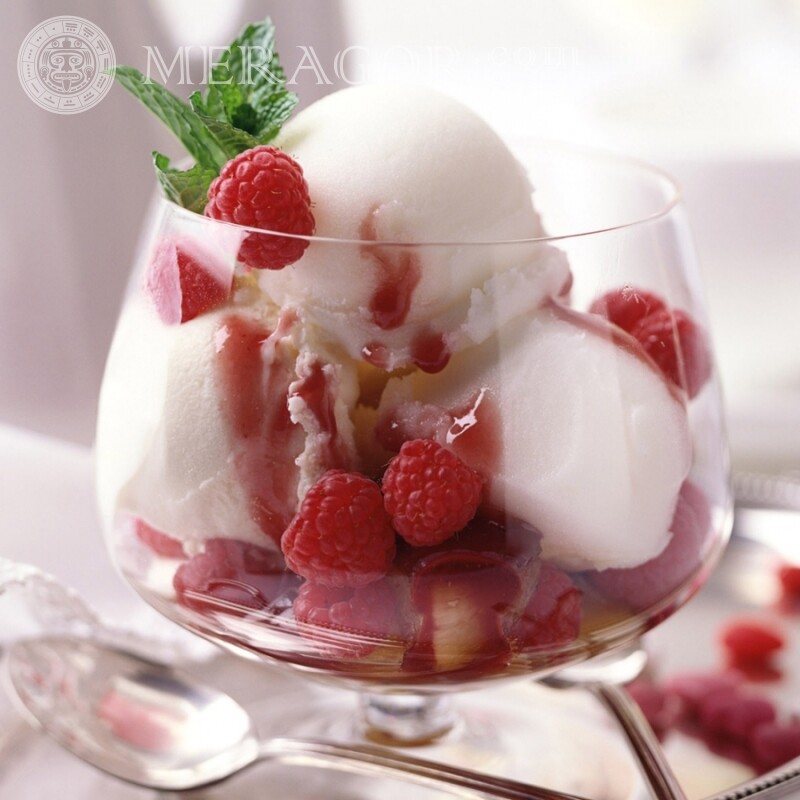 Dessert ice cream with raspberries Food