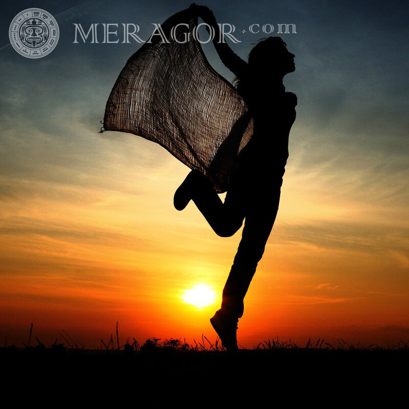 Girl silhouette sunset jump for profile Silhouette