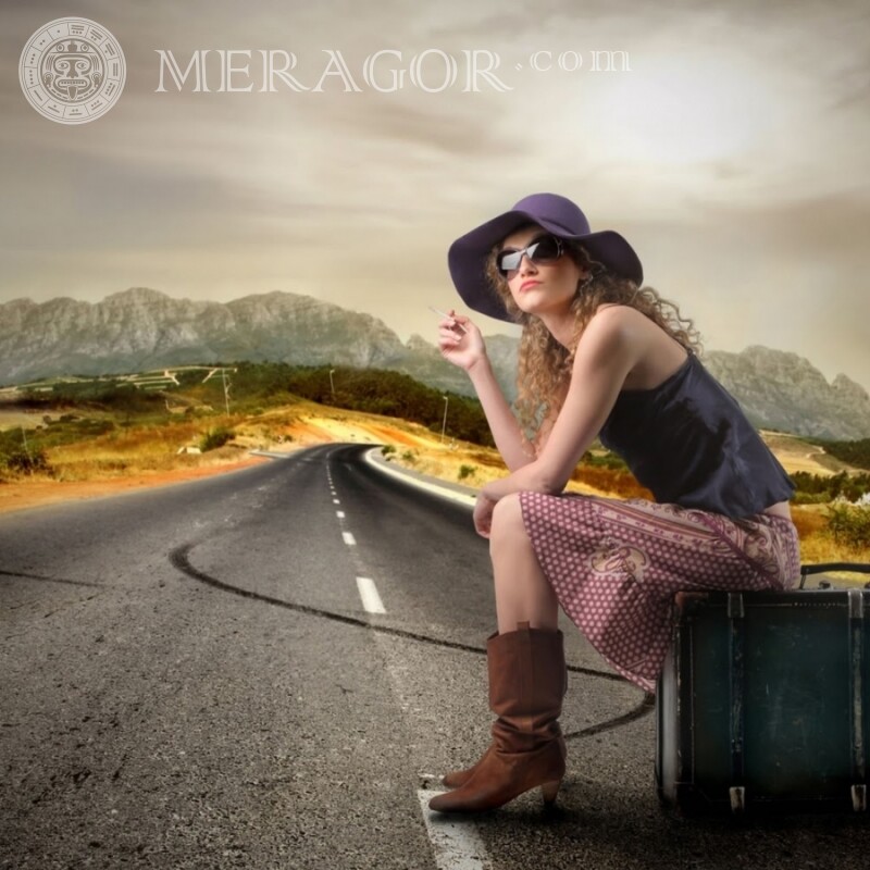 Girl with a suitcase on the road avatar Women In a cap In glasses Girls