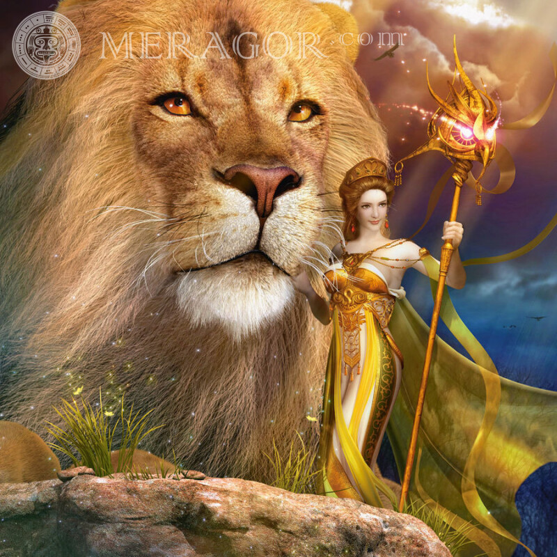Fantasy picture princess and lion Anime, figure Women Lions