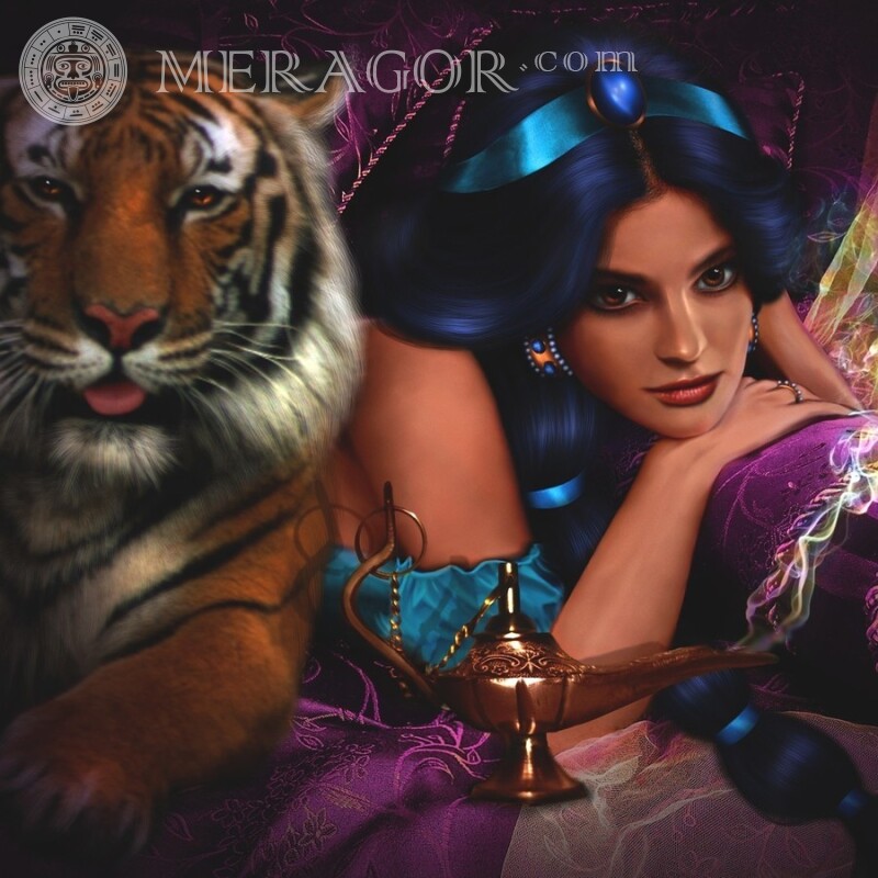 Арабська красуня з тигром арт на аватарку Аніме, малюнок Араби, мусульмани Тигр