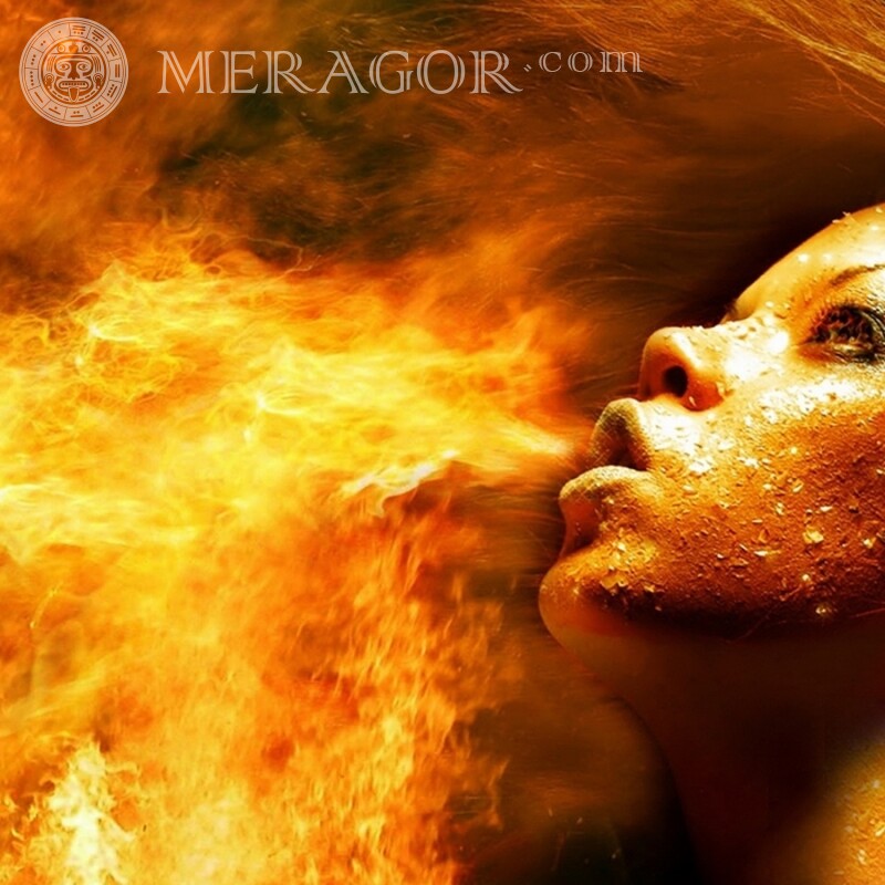 Арт девушка дышит огнем на аву Аниме, рисунок