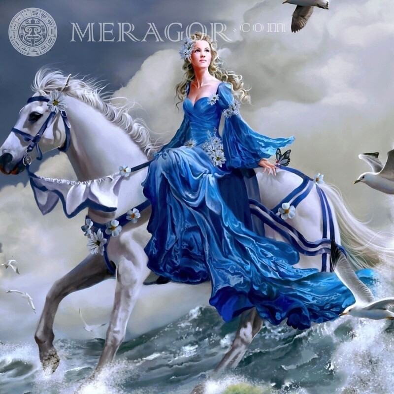 Beau cavalier sur un avatar de cheval blanc Les filles Animé, dessin En robe