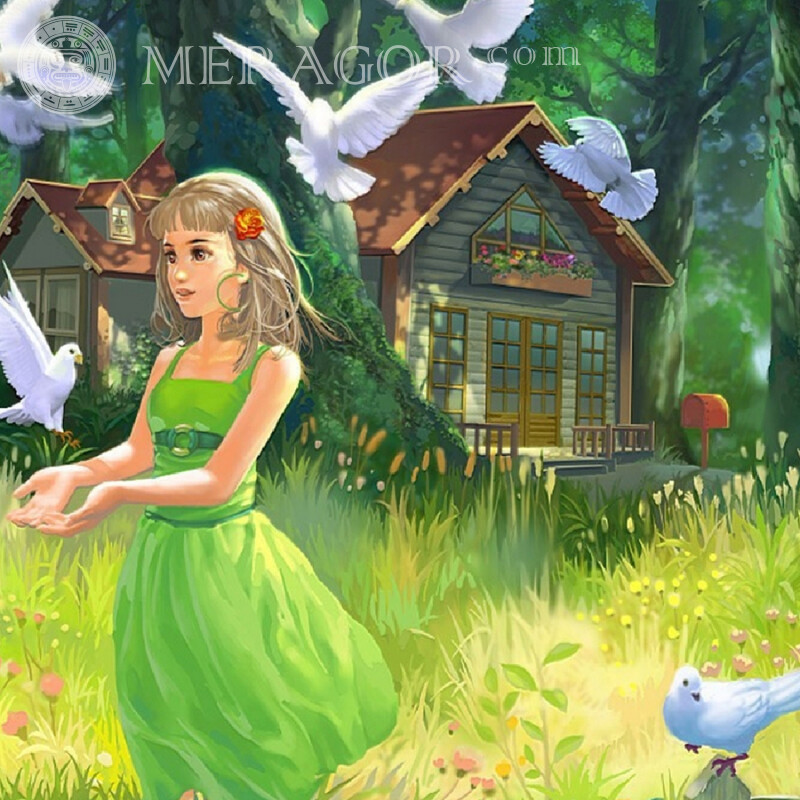 Дівчинка з голубами малюнок на аватарку Аніме, малюнок Дитячий Дівчата