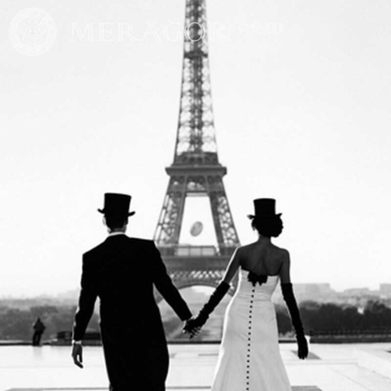 Ein Mann mit einem Mädchen auf dem Hintergrund des Avatars des Eiffelturms Mann mit Freundin Liebe Schwarz-weisse