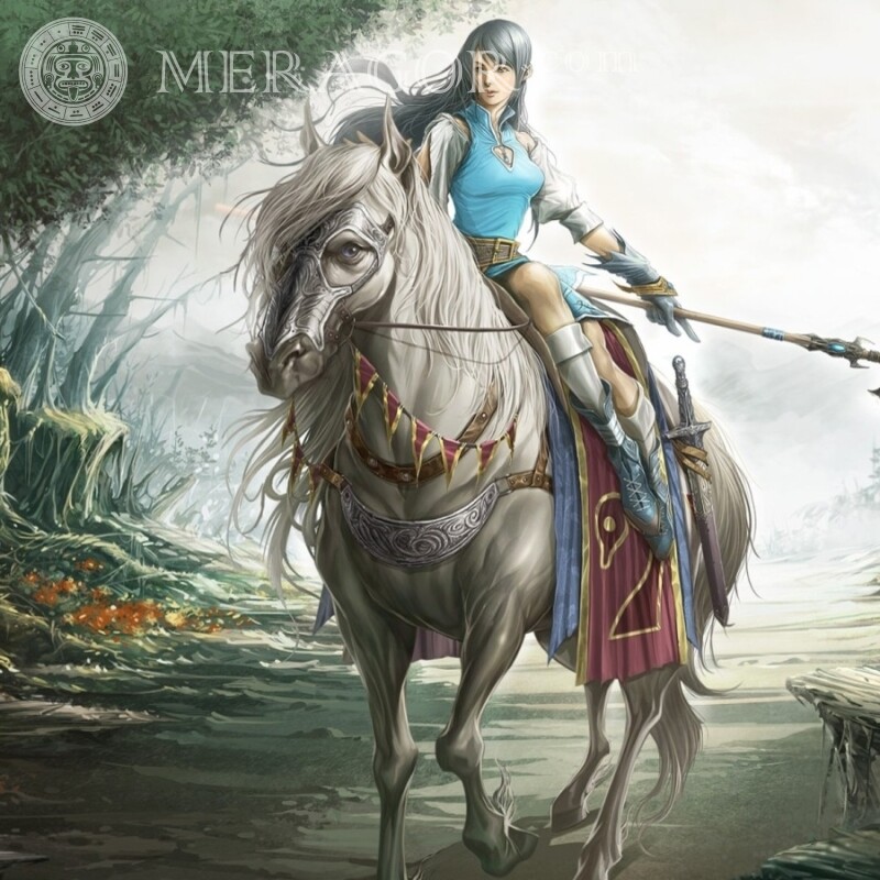 Arte con una chica guerrera a caballo. Anime, figura Niñas adultas Caballos