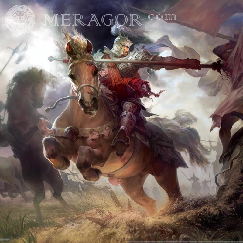 Арт с воином в доспехах на коне на аву Аниме, рисунок Лошади Мужики