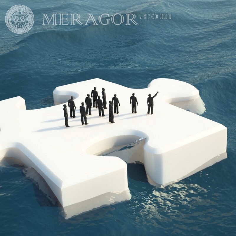 Pessoas em um bloco de gelo na forma de uma arte de quebra-cabeça para um avatar Anime, desenho No mar