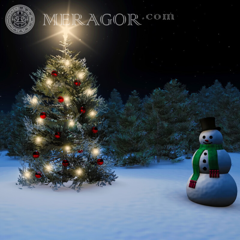Boneco de neve com uma árvore de Natal em um avatar Feriados Para o ano novo