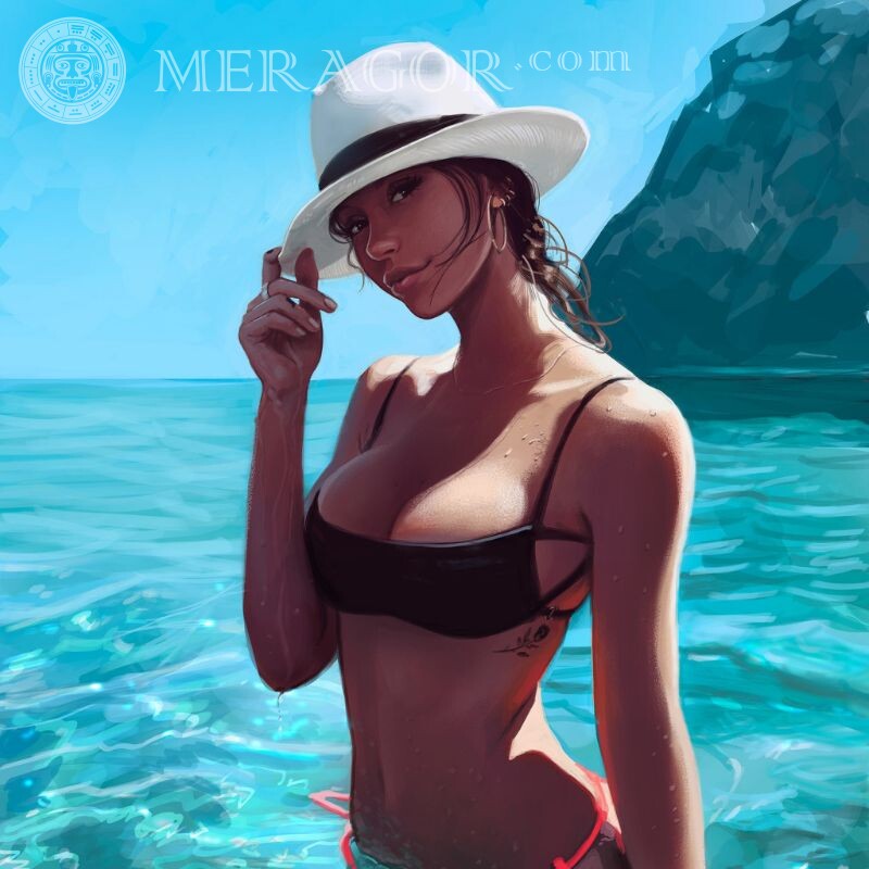 Art for icon with a girl in a hat On the sea Anime, figure Brunettes In a cap