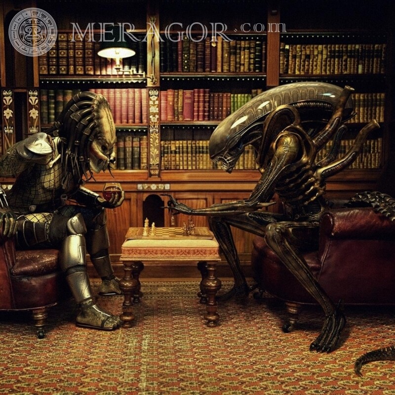Alien vs Predator jogando avatar de xadrez Dos filmes