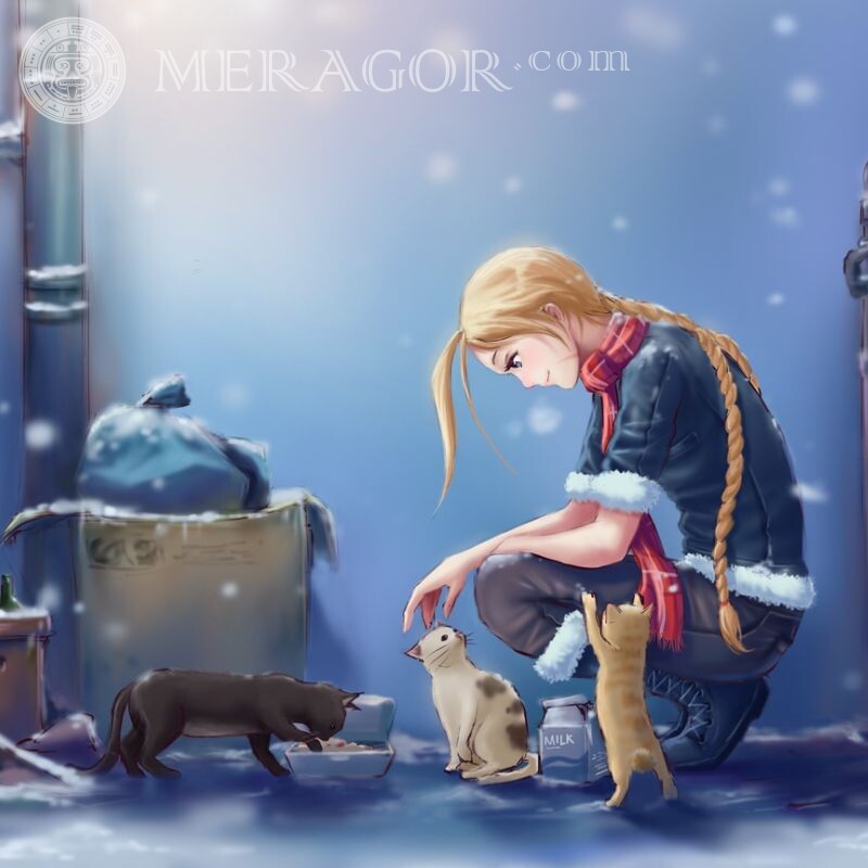 Аниме картинка девушка с кошками Коты Аниме, рисунок