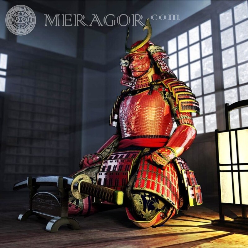 Samurai em armadura no avatar Com arma Sem rosto Mascarado