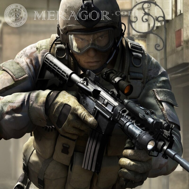Military avatar soldier with a machine gun With weapon Mask Men