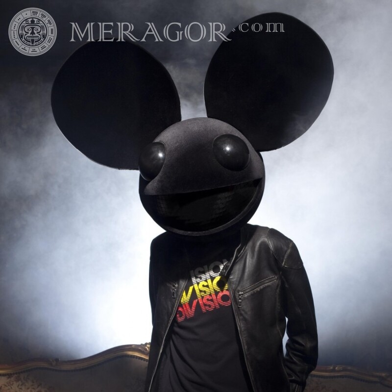 Photo in a suit of a mouse on an avatar Mask Without face Funny
