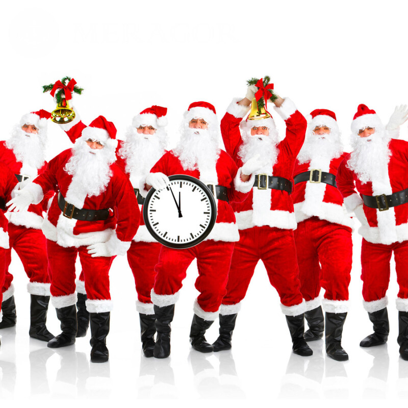 Many Santa Clauses with clock new year avatar Santa Claus New Year Holidays