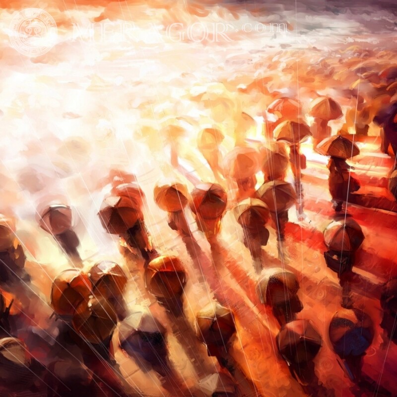 Imagen de personas bajo paraguas en el avatar. Anime, figura