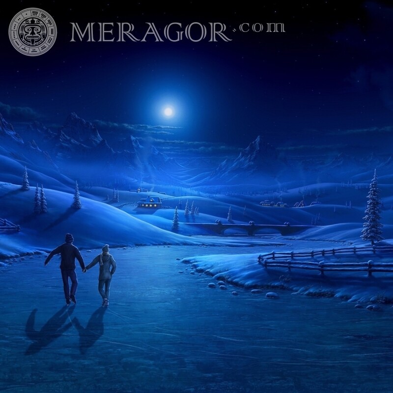 Ночная зимняя картинка на аву Зимние Аниме, рисунок Силуэт