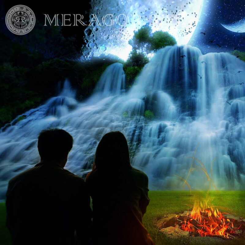 Conte de fées paysage nuit feu de joie et un gars avec une fille sur le compte Silhouette Mec avec une fille