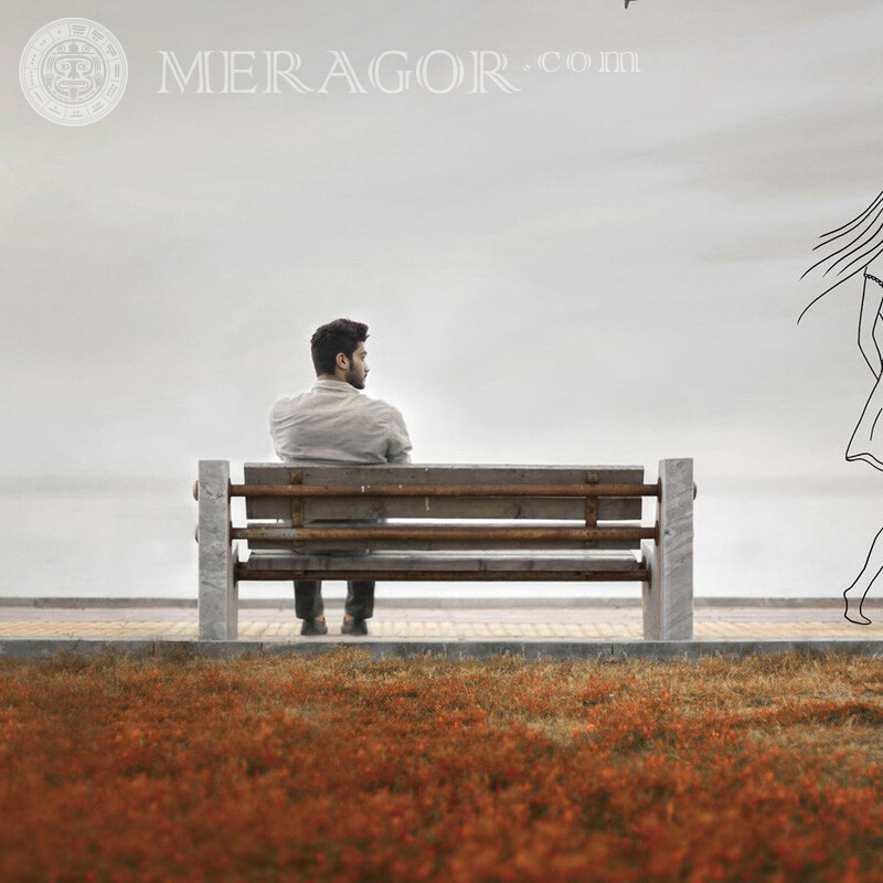 Lonely man on a bench for page Silhouette Autumn Men Bearded