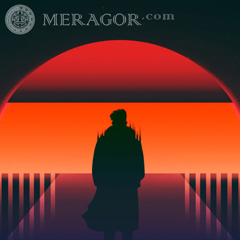 Black silhouette of a man against the background of the drawn sun for account Silhouette Anime, figure
