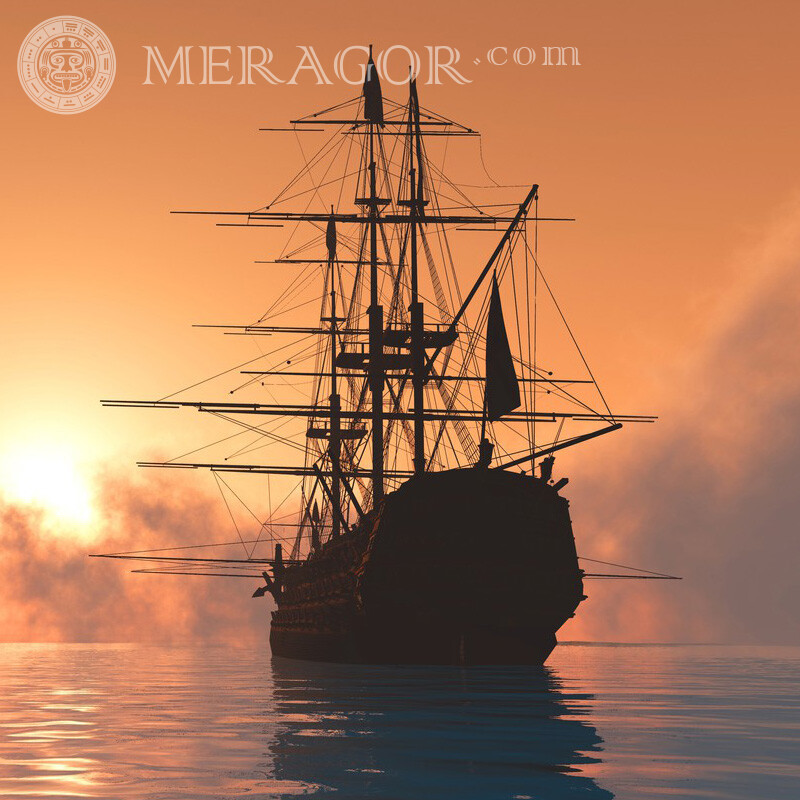 Mer énorme navire avec des mâts au coucher de soleil photo Transport
