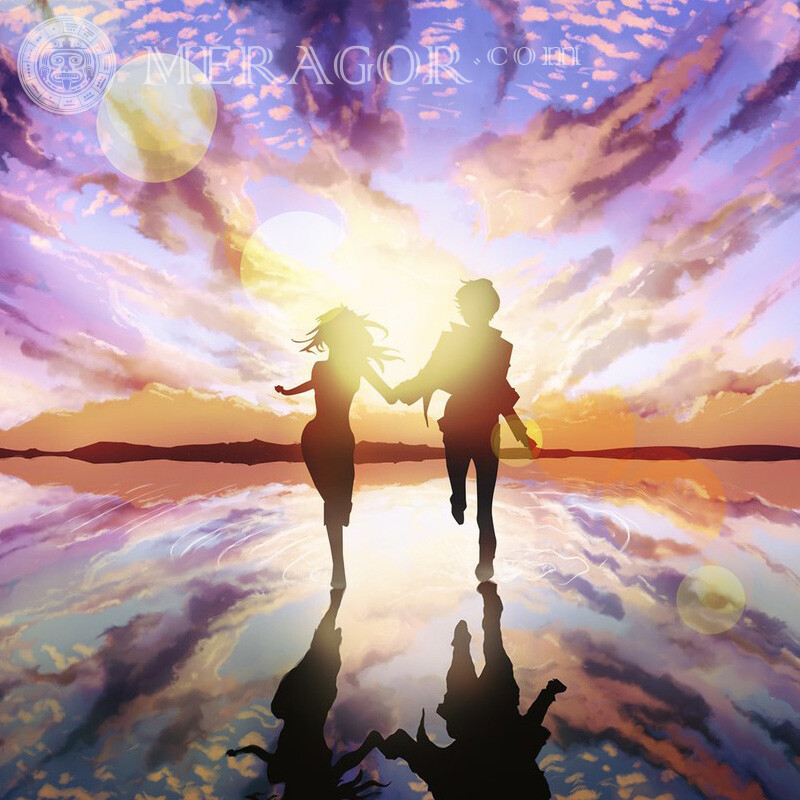 Running guy and girl in the clouds for page Silhouette Anime, figure Boy with girl