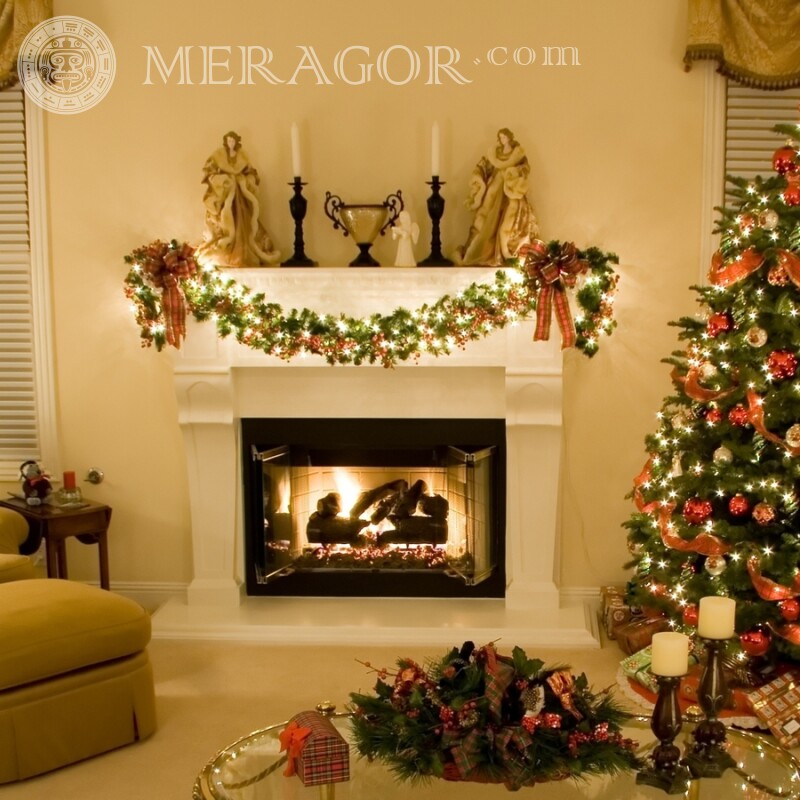 Christmas tree by the fireplace photo for avatar Holidays New Year