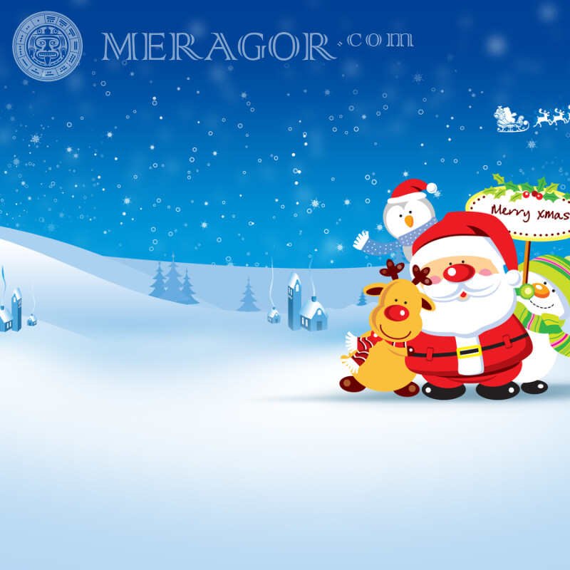 Мультяшный Санта Клаус с оленем на аватарку Праздники Новогодние