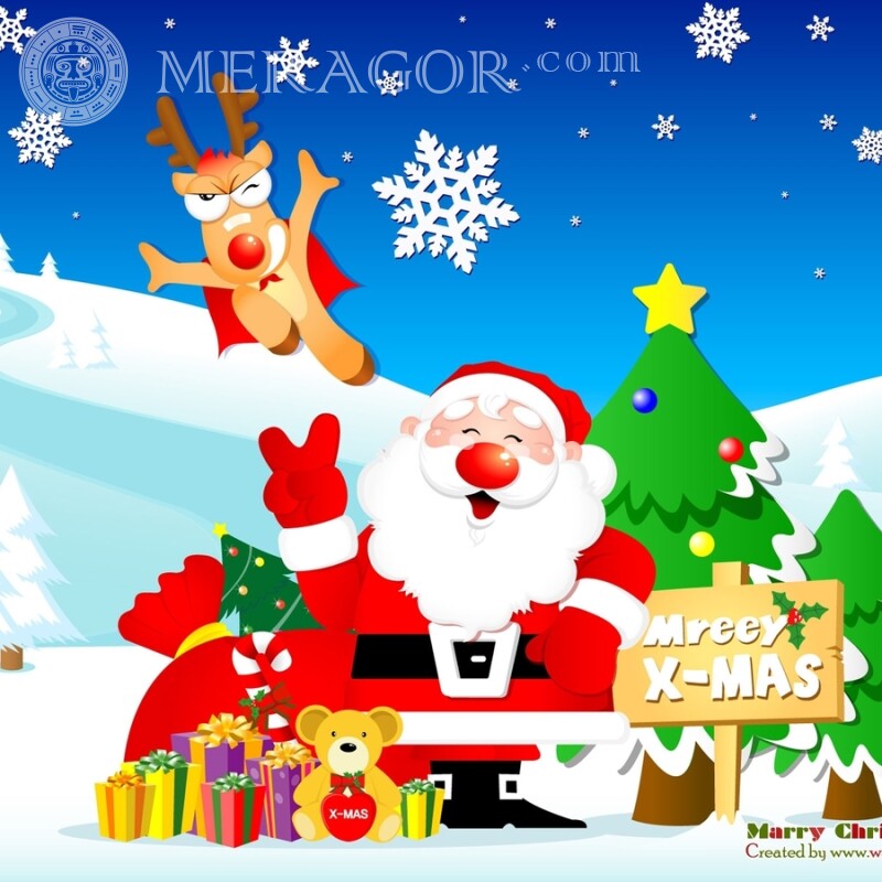 Мультяшный Санта Клаус с оленем на аву Праздники Дед мороз Новогодние