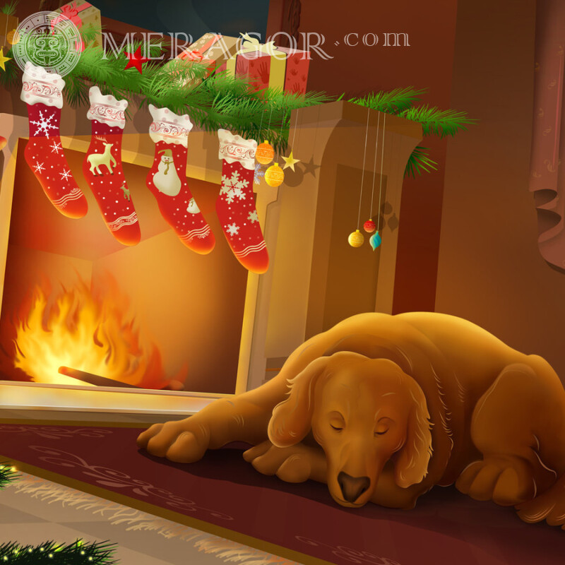 Hund am Kamin Zeichnung für Avatar Feierzeit Weihnachten Avatare Hunde