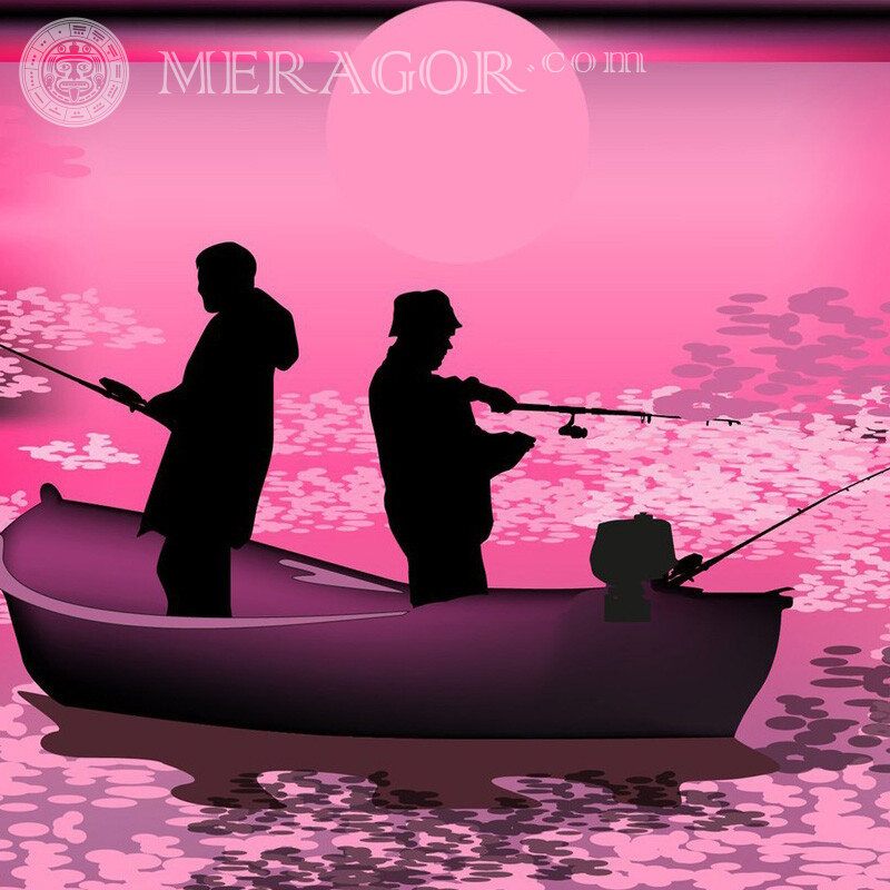 Два рыбака в лодке в розовых лучах заката на аккаунт Силуэт