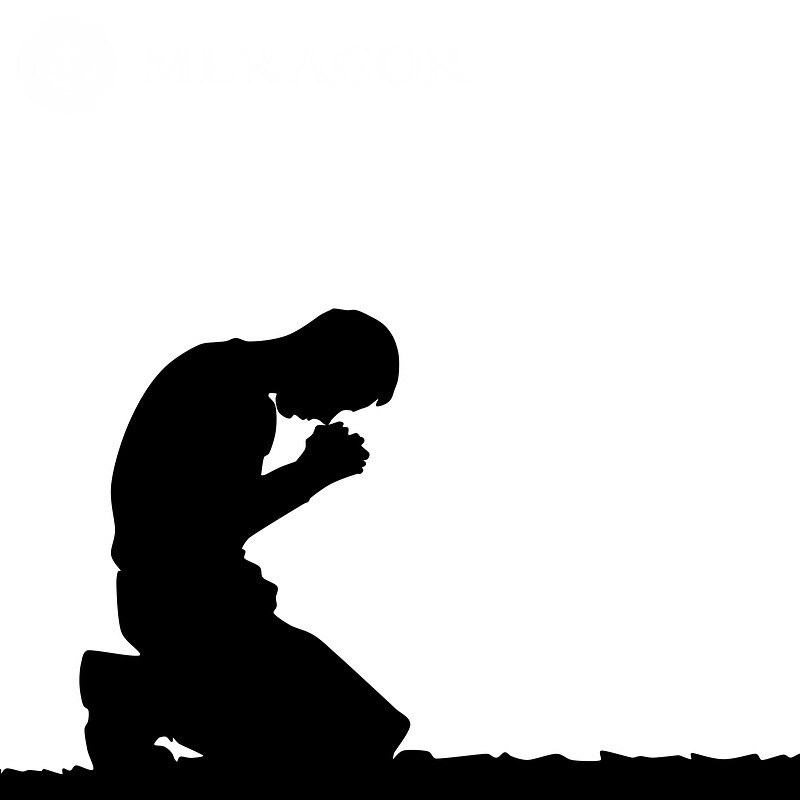 Schattenbild eines Mannes auf seinen Knien auf einem weißen Hintergrund Silhouette Religiös Schwarz-weisse