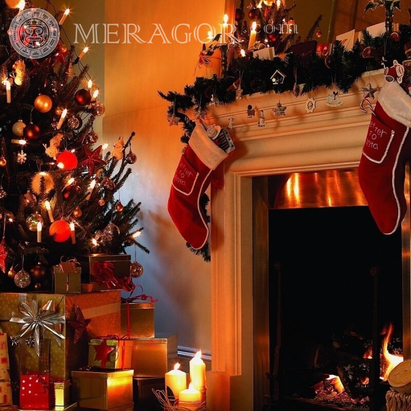 Fireplace with socks for gifts avatar for Christmas Holidays New Year