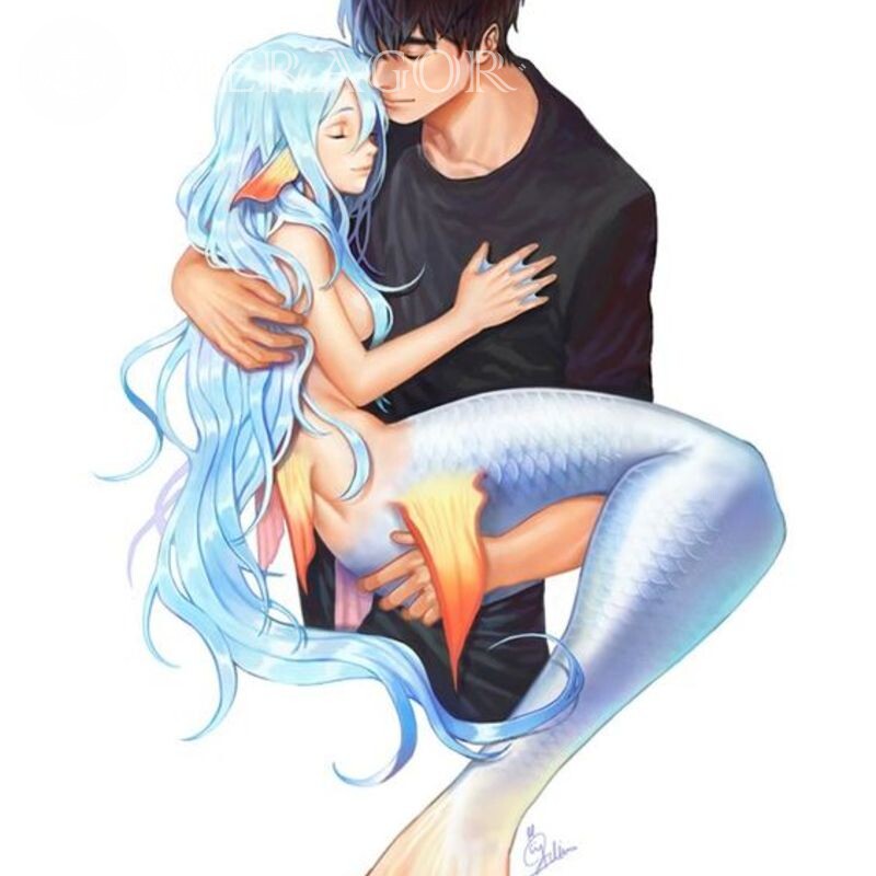 Mermaid guy and girl anime icon Anime, figure Boy with girl Mermaids