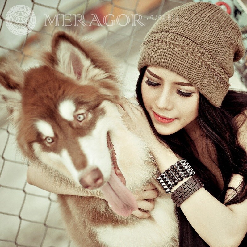 Girl with a dog photo for icon download Dogs Asians Brunettes In a cap