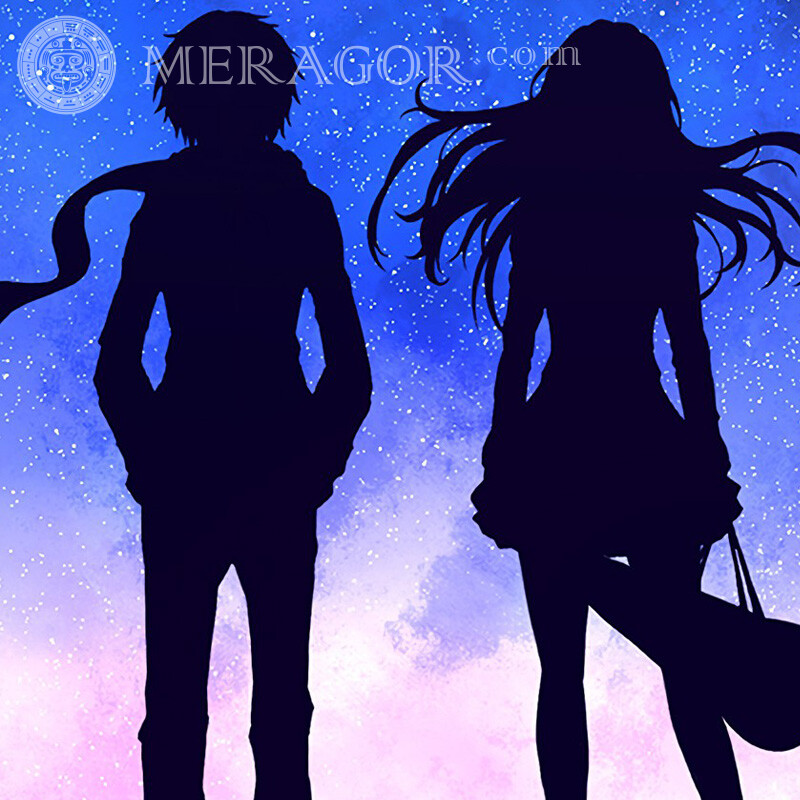 Anime em um fundo do céu estrelado por conta Silhueta Anime, desenho O cara com a menina