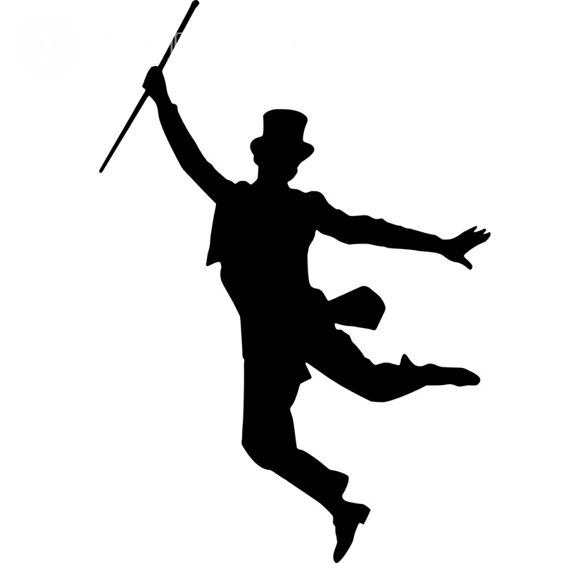 Dance with a cane and a cylinder for social network Silhouette Funny Black and white